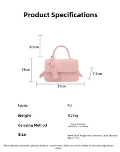 Size chart showing 21x14x7.5cm dimensions for pink PU leather contrast crossbody bag