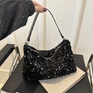Chic black sequin handbag for women with metallic strap and elegant chain detail