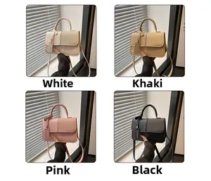 Collage showing four colors of stylish minimalist small square bags with textured patchwork