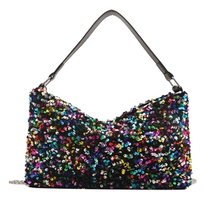 Fashionable sequin shoulder bag with colorful glitter surface and metal chain strap