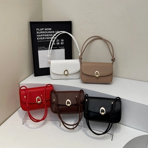 Women Underarm Shoulder Bag Vintage PU Leather Flap Gold Horseshoe Buckle Knot Strap Small Square Trendy