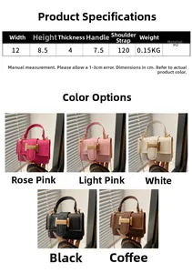 Detailed size chart for mini PU leather handbags showing dimensions and strap length