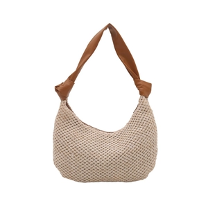 Minimalist cream woven hobo shoulder bag with brown faux leather knotted straps