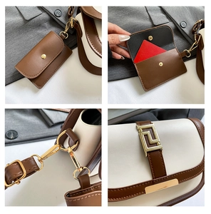 Macro view of bicolor vintage square bag with gold hardware and detachable card holder