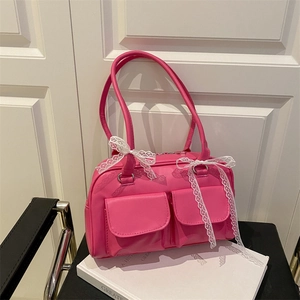 Sac Boston en cuir PU rose avec nœuds en dentelle blanche et doubles poches