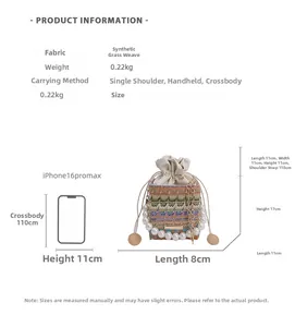 Detailed size specifications for small straw bucket bag with pearl handle and chain strap