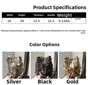 Size chart showing 18x20x12.5cm dimensions for sequin bucket bags in silver, black, and gold