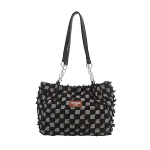 Fashionable denim checkered tote bag with leather tag and long metal chain strap