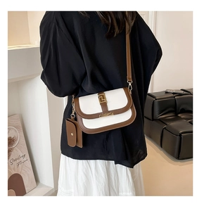 Nahaufnahme der Retro-Satteltasche in Kontrastfarben mit Metallschnalle und Mini-Etui