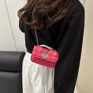 Mini rose red quilted handbag with pearl handle and chain strap for women