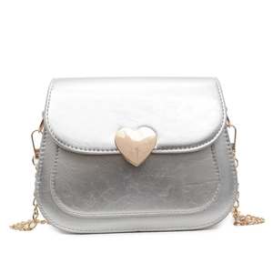Metallic silver crossbody flap bag with golden heart lock and elegant chain strap
