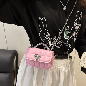 Pink quilted mini square crossbody bag with pearl handle and silver metal chain strap