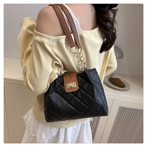 Detail of quilted shoulder bag with gold chain strap worn by model in a chic room