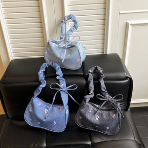 Women Denim Underarm Bag Floral Embroidery Bow Decor Scrunchie Shoulder Strap Sweet Casual Handbag