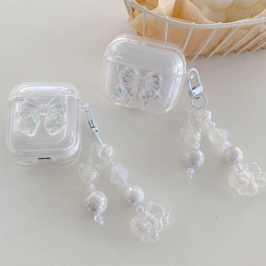 Laser butterfly transparent case for AirPods with pearl pendant and beaded strap
