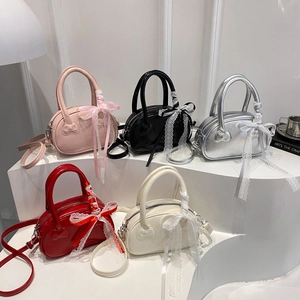 Women Sweet PU Leather Boston Handbag With Lace Bowknot Decor Top Handle Crossbody Shoulder Bag Commuting Elegant Party Purse