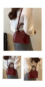 Detailed views of a burgundy shell-shaped crossbody bag with glossy patent leather finish
