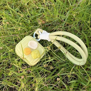 Light green silicone AirPods case with pebbles decor and matching braided lanyard on grass