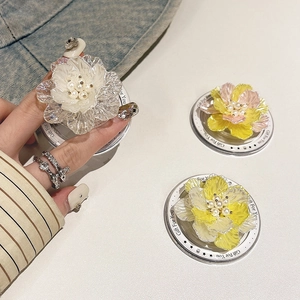 Magnetic 3D shell flower phone grip stand with pearl center in minimalist pastel colors