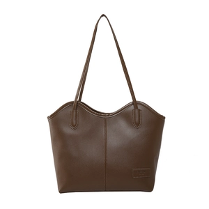 Retro large capacity dark brown leather tote bag with vertical stitching and slim straps