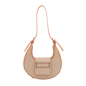Chic beige woven hobo bag with vibrant orange leather trim and gold hardware