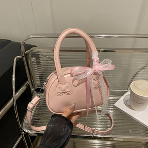 Vintage Schleife Geprägte PU Leder Bowling Tasche Für Damen Süße Spitze Band Handtasche Crossbody Schultertasche Y2K Mode