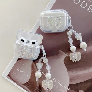 Transparent AirPods case with 3D laser bow and elegant pearl beaded pendant charm