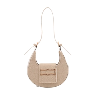 Sac bandoulière demi-lune beige minimaliste avec boucle dorée et finitions en cuir blanc