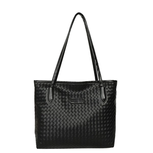 Large black woven tote bag with checkerboard pattern and long straps for daily commuting