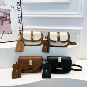 Women Crossbody Bag PU Leather Retro Square Messenger Purse With Detachable Mini Pouch Golden Geometric Lock Korean Fashion