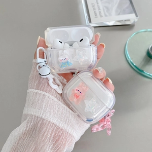 3D star rabbit protective case for AirPods Pro with cute keychain and laser glitter