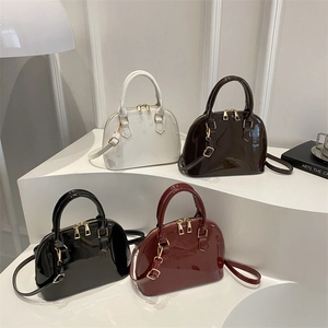 Women Glossy Patent PU Leather Dome Handbag Retro Shell Crossbody Bag With Gold Hardware Zipper Closure Adjustable Strap