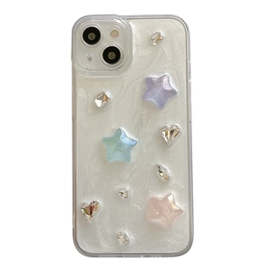 Coque iPhone blanc nacré ornée de motifs étoiles 3D et de strass brillants élégants