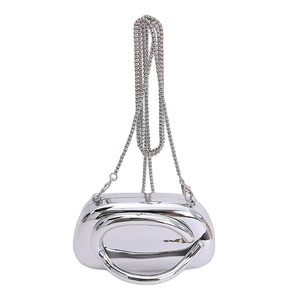 Sleek silver mirror acrylic clutch bag with round handle and metal chain strap