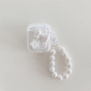 Macro detail of transparent AirPods case with white 3D bows and iridescent bead strap