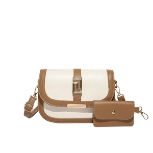 Chic cream and brown saddle messenger bag set with adjustable strap and gold hardware