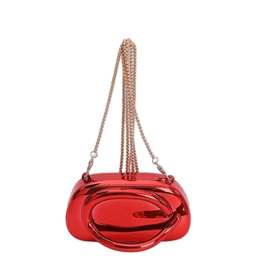 Glossy red shell-shaped evening clutch bag with gold chain strap for women