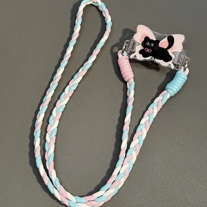 Braided crossbody phone strap with pink blue white cord and cartoon cat clip accessory