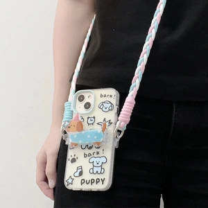 Cute cartoon puppy phone case with thick colorful braided crossbody strap and lanyards