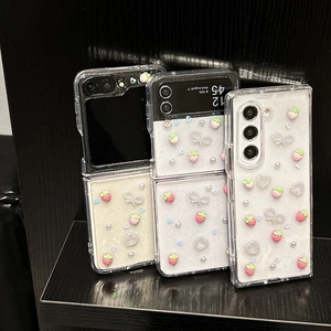 Samsung Galaxy Z Flip Fold Case Cute Strawberry Artificial Pearl Bow Heart Transparent Glitter TPU Shockproof Sweet Style For Women Girls