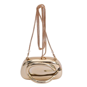 Elegant gold metal evening clutch bag with curved handle and fine chain shoulder strap
