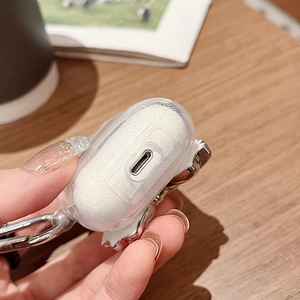 Close-up of glittery transparent earphone case with silver metal chain and hook