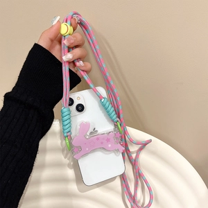 Detail of adjustable woven phone strap and purple acrylic bunny holder for iPhone