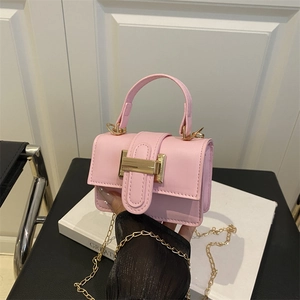 Pink mini crossbody bag with gold chain strap and decorative metal buckle closure