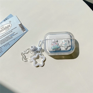 Detail of transparent AirPods case featuring 3D rabbit and laser glitter star pendant