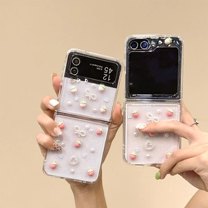 Cute Samsung Galaxy Z Flip clear case with 3D strawberry, pearl bow, and heart accents