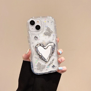 Sparkly wave phone case for iPhone with silver heart, rhinestone butterflies, and Y2K stars