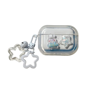 Clear AirPods case with 3D bunny and star charms featuring a silver bell and white hook