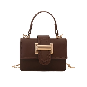 Dark brown rectangular handbag with gold metal buckle and elegant chain shoulder strap