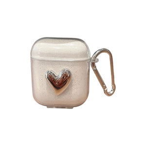 Clear glitter AirPods case featuring a 3D silver heart and metal carabiner clip